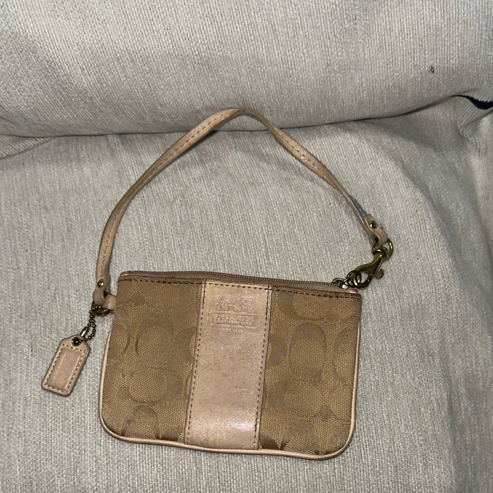 Coach Tan signature canvas Wristlet with light blue and gold hardware